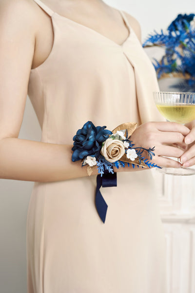 Wrist and Shoulder Corsages in Stately Navy & Gold