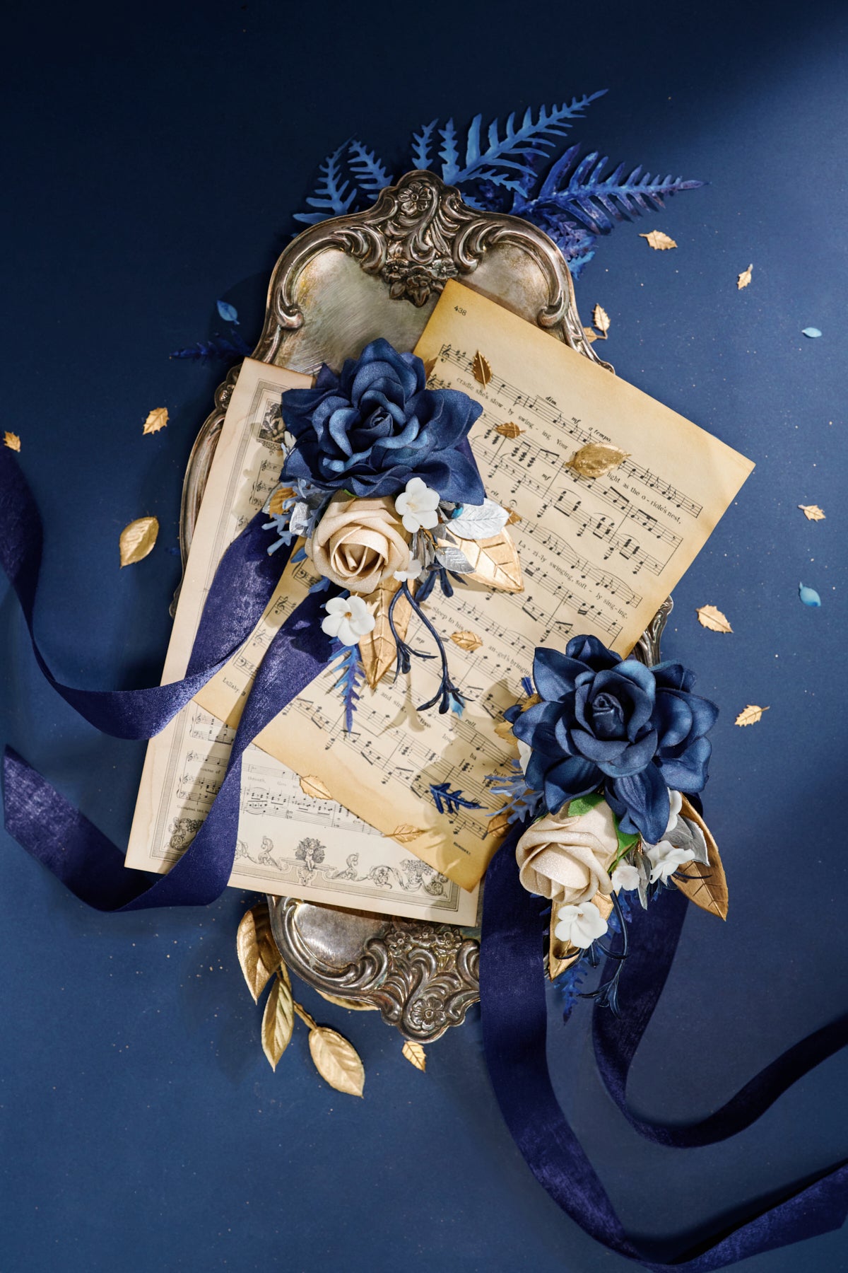 Wrist and Shoulder Corsages in Stately Navy & Gold