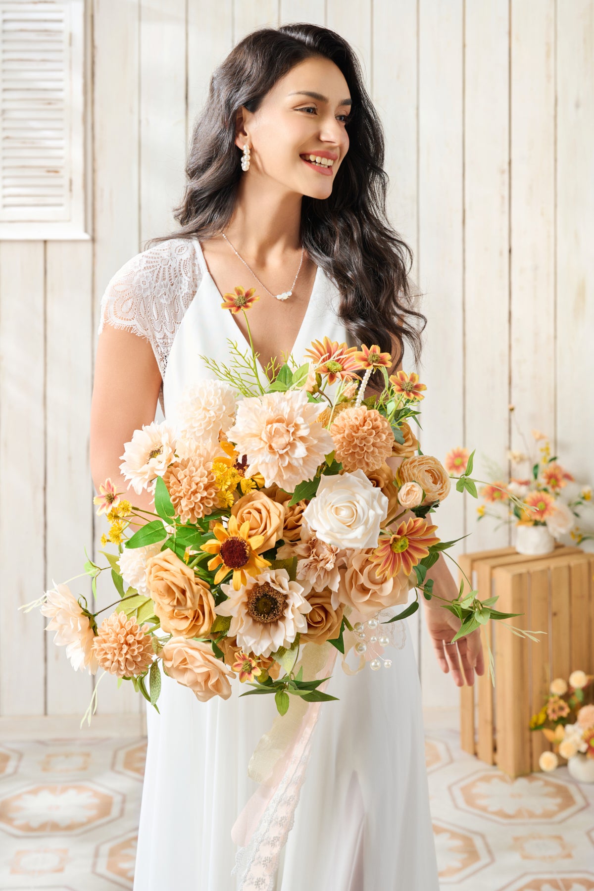 Medium Free-Form Bridal Bouquet in Sunflower & Peach
