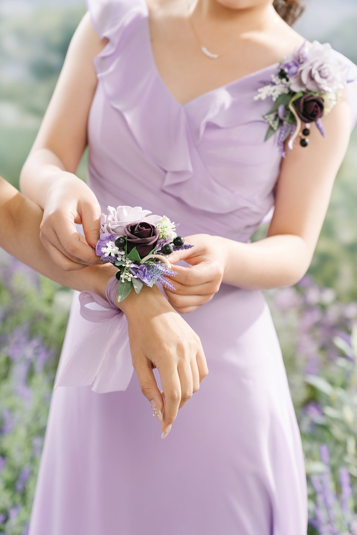 Wrist and Shoulder Corsages in French Lavender & Plum