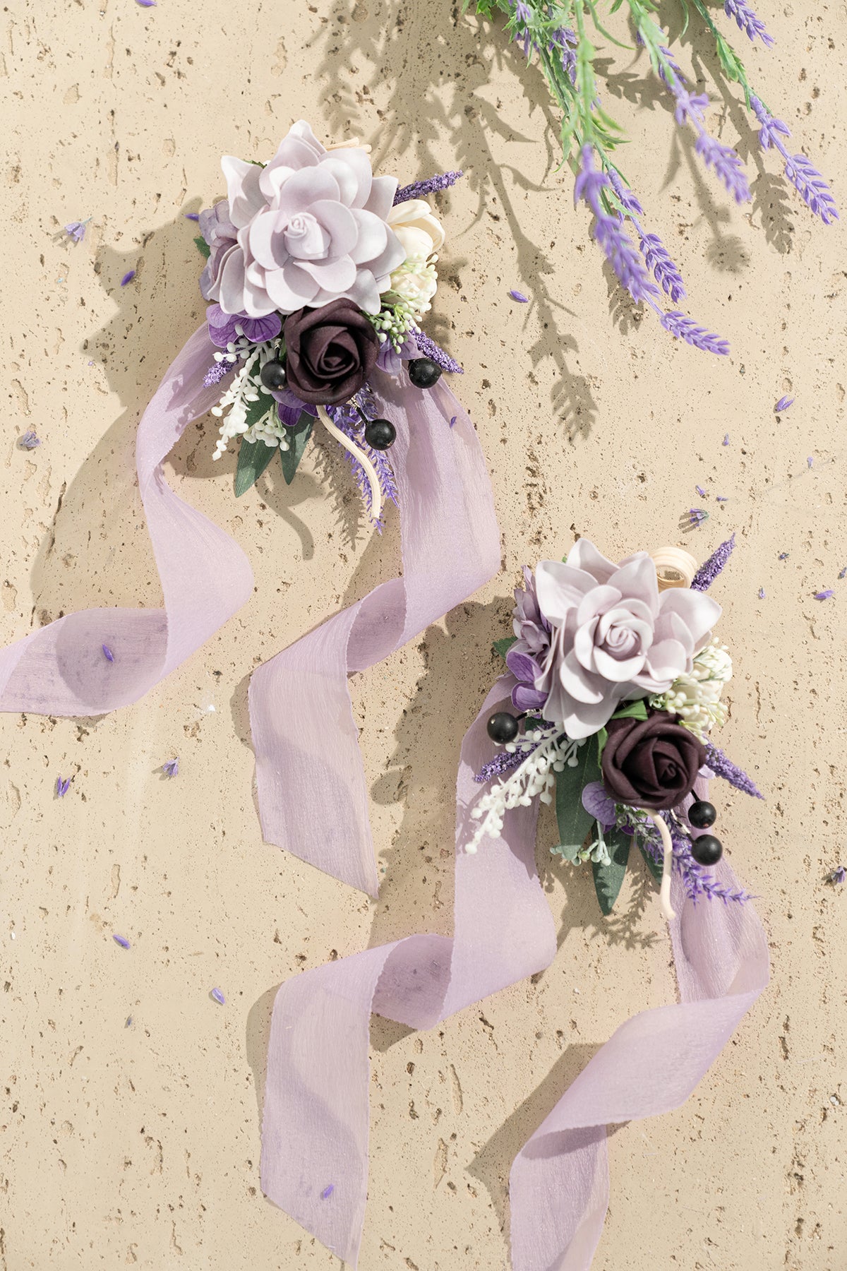 Wrist and Shoulder Corsages in French Lavender & Plum