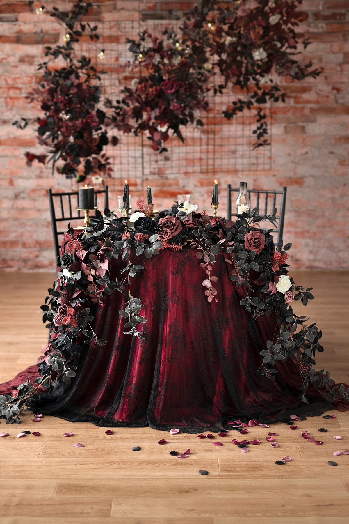 Sweetheart Table Floral Swags in Moody Burgundy & Black