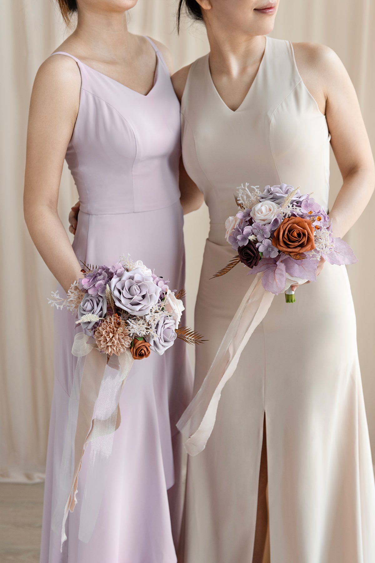 Round Bridesmaid Bouquets in Lavender Aster & Burnt Orange
