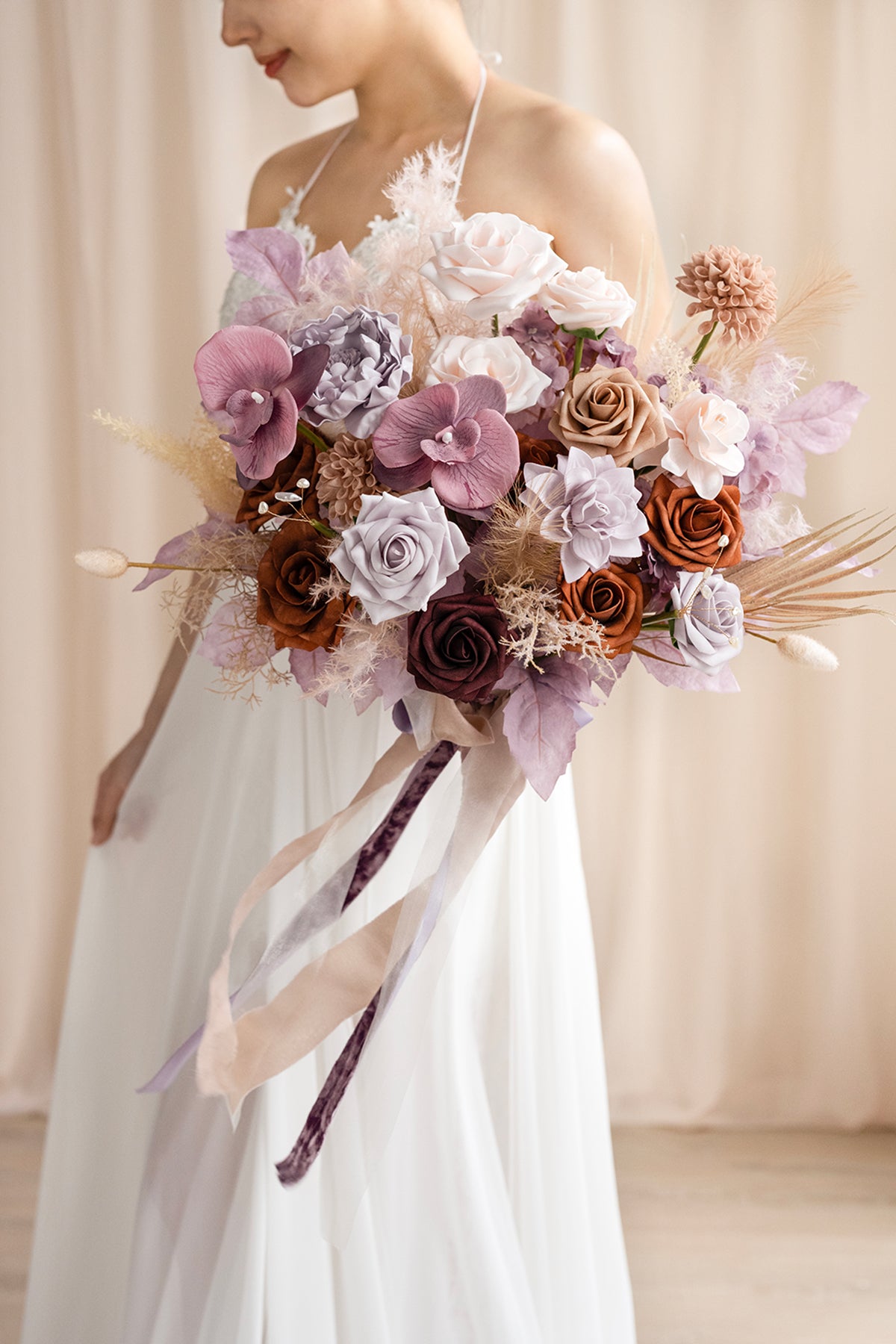Medium Free-Form Bridal Bouquet in Lavender Aster & Burnt Orange