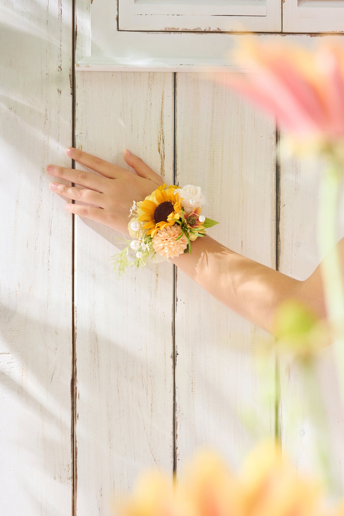 Wrist and Shoulder Corsages in Sunflower & Peach
