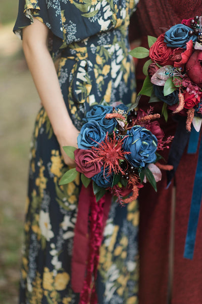 Maid of Honor & Bridesmaid Bouquets in Burgundy & Navy