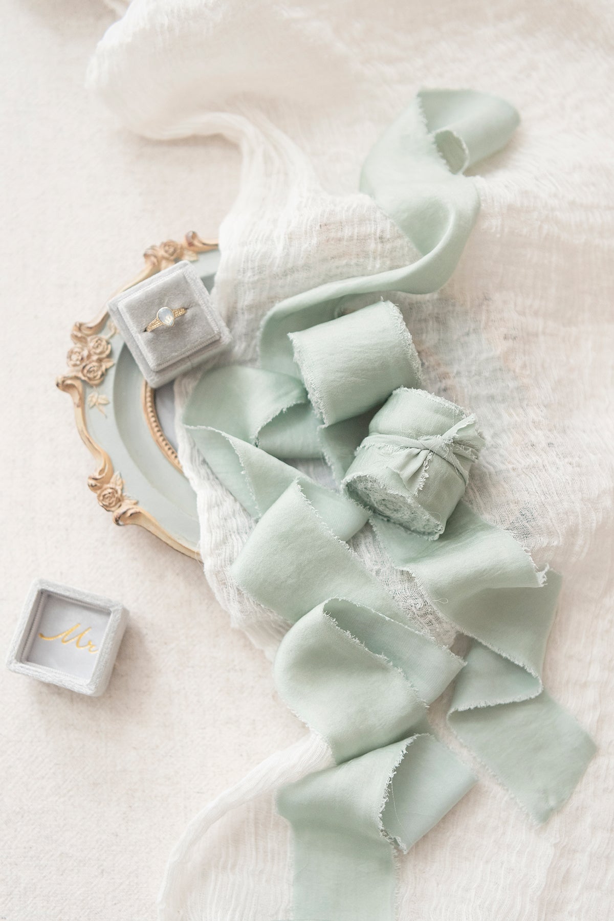 Baby Blue Silk Chiffon Ribbon 1.5 by the Yard Chiffon Ribbon, Hand Dyed,  Hand Torn Frayed Edges, for Bouquet, Invitations, Flat Lays 