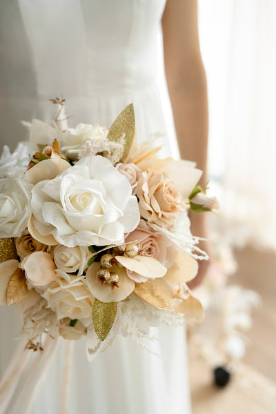 Small Round Bridal Bouquet in White & Beige