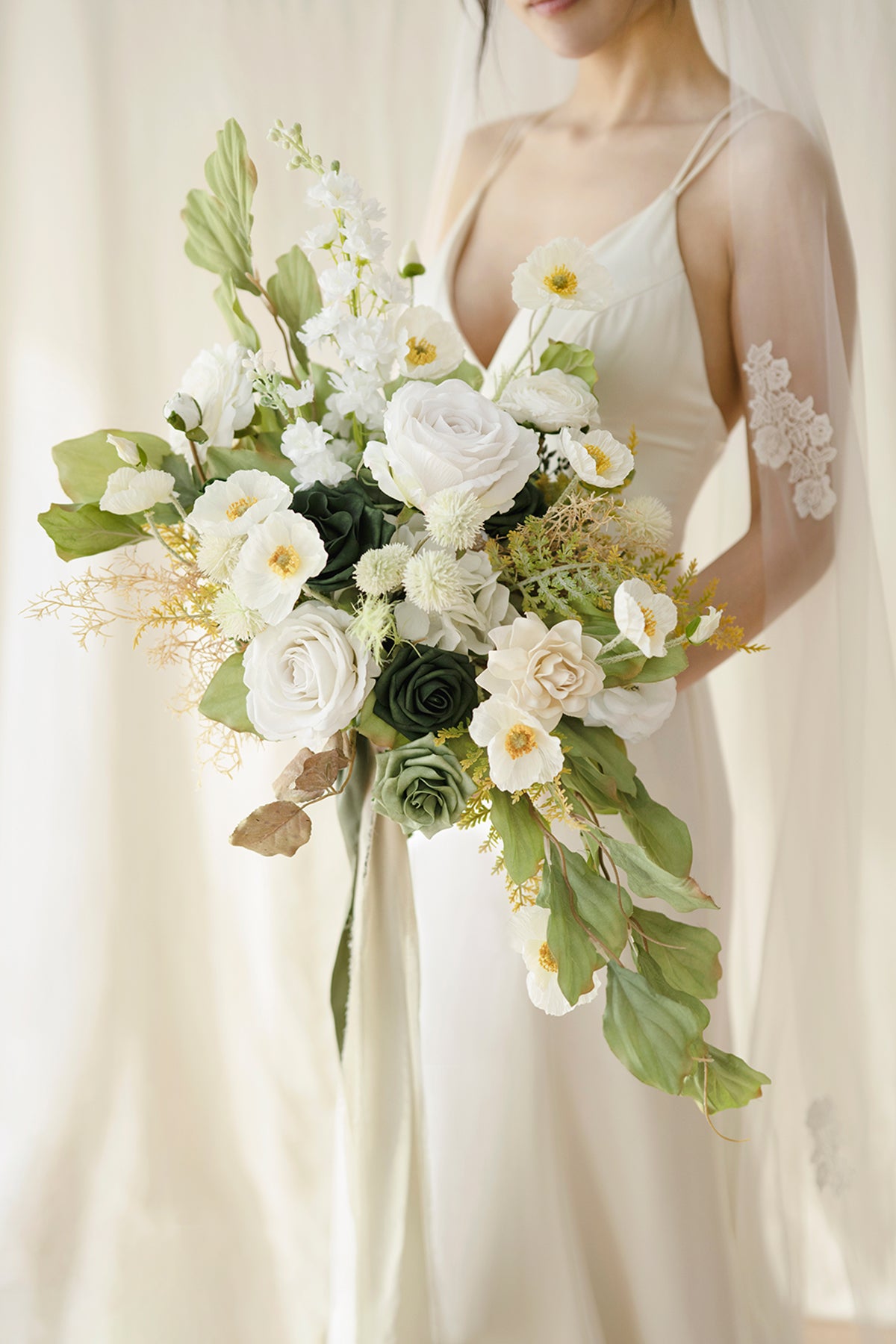 Medium Cascade Bridal Bouquet in Emerald & Tawny Beige | Clearance