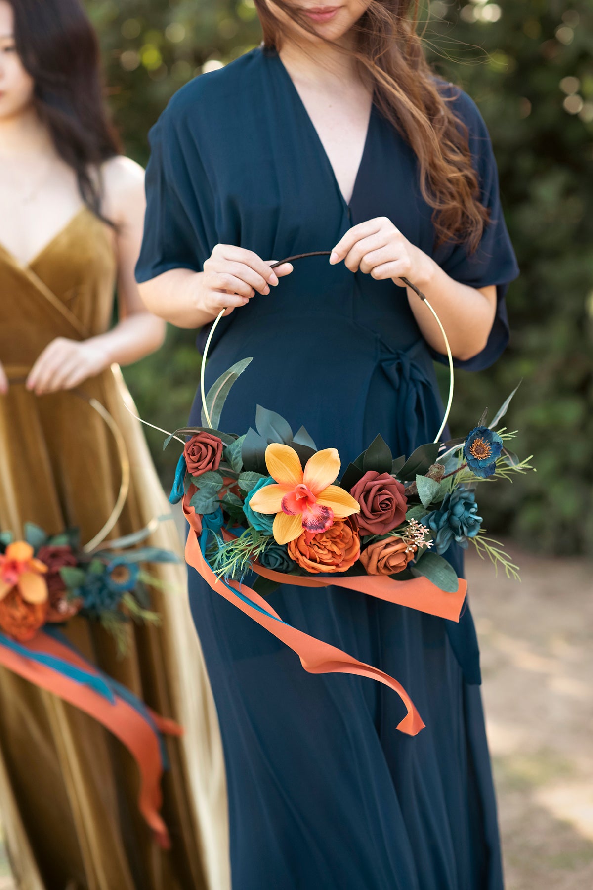 Hoop Bridesmaid Bouquets in Dark Teal & Burnt Orange | Clearance