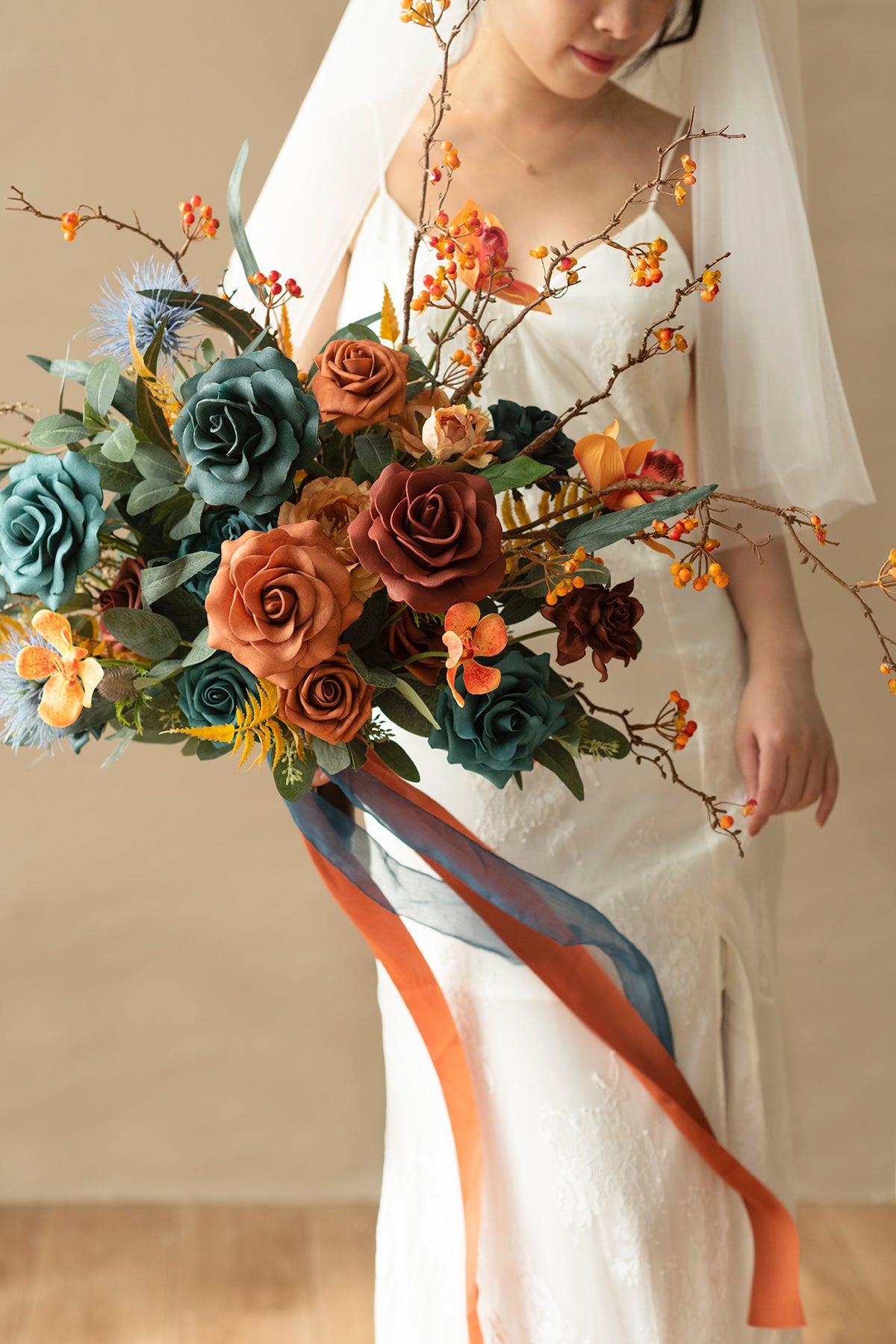 Medium Free-Form Bridal Bouquet in Dark Teal & Burnt Orange | Clearance