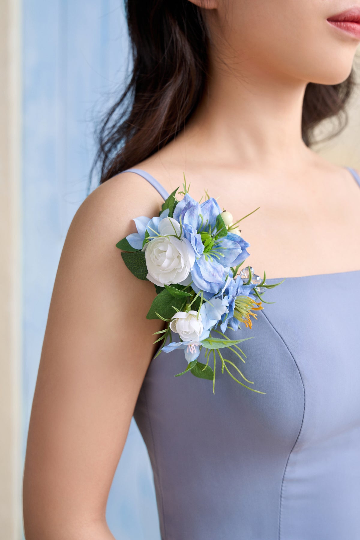 Wrist and Shoulder Corsages in Timeless French Blue & White