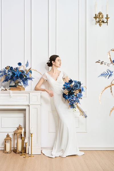Medium Free-Form Bridal Bouquet in Stately Navy & Gold | Clearance