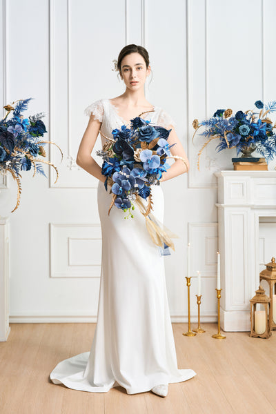 Medium Free-Form Bridal Bouquet in Stately Navy & Gold | Clearance