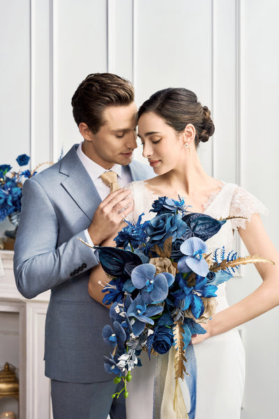 Medium Free-Form Bridal Bouquet in Stately Navy & Gold | Clearance