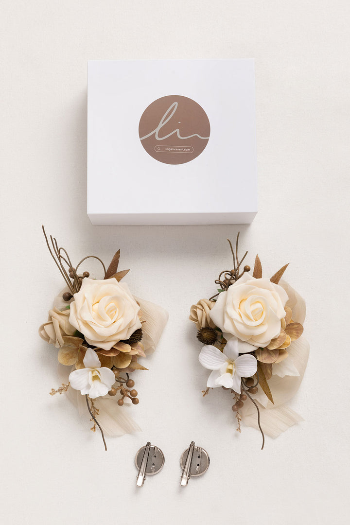 Wrist and Shoulder Corsages in Brown & Beige