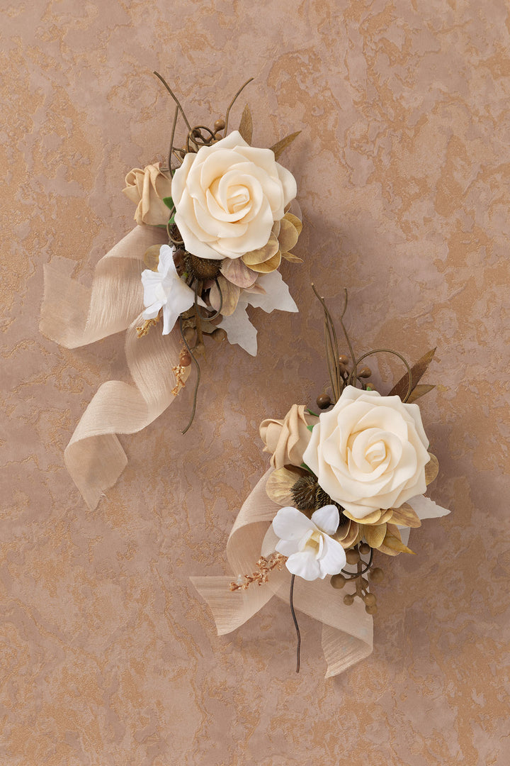 Wrist and Shoulder Corsages in Brown & Beige