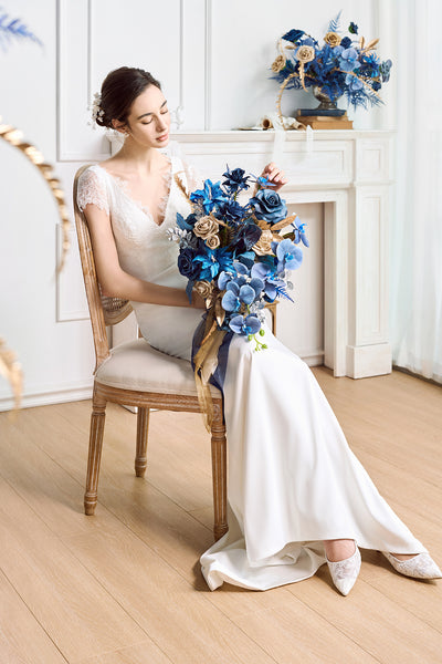 Medium Free-Form Bridal Bouquet in Stately Navy & Gold | Clearance
