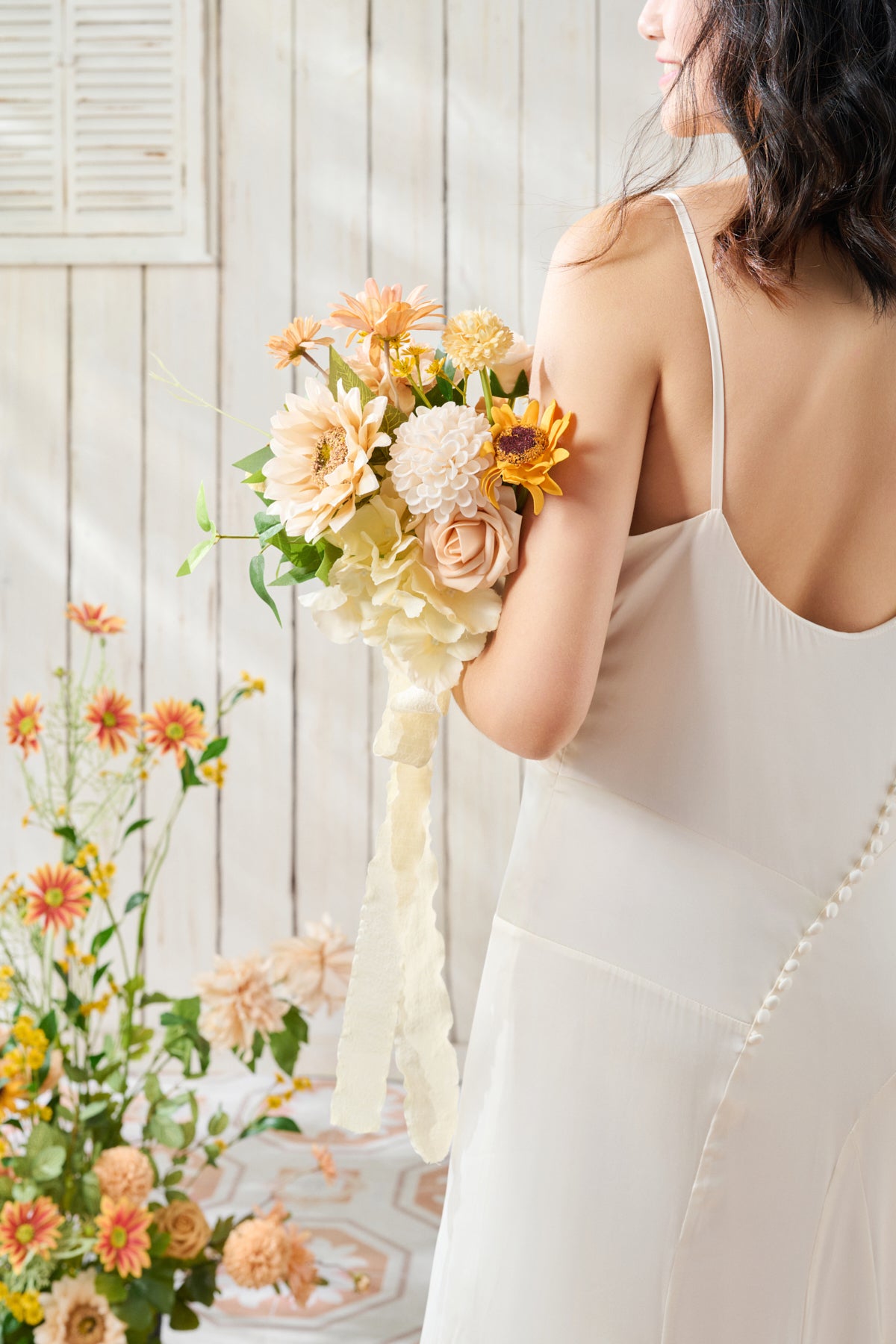 Round Bridesmaid Bouquets in Sunflower & Peach