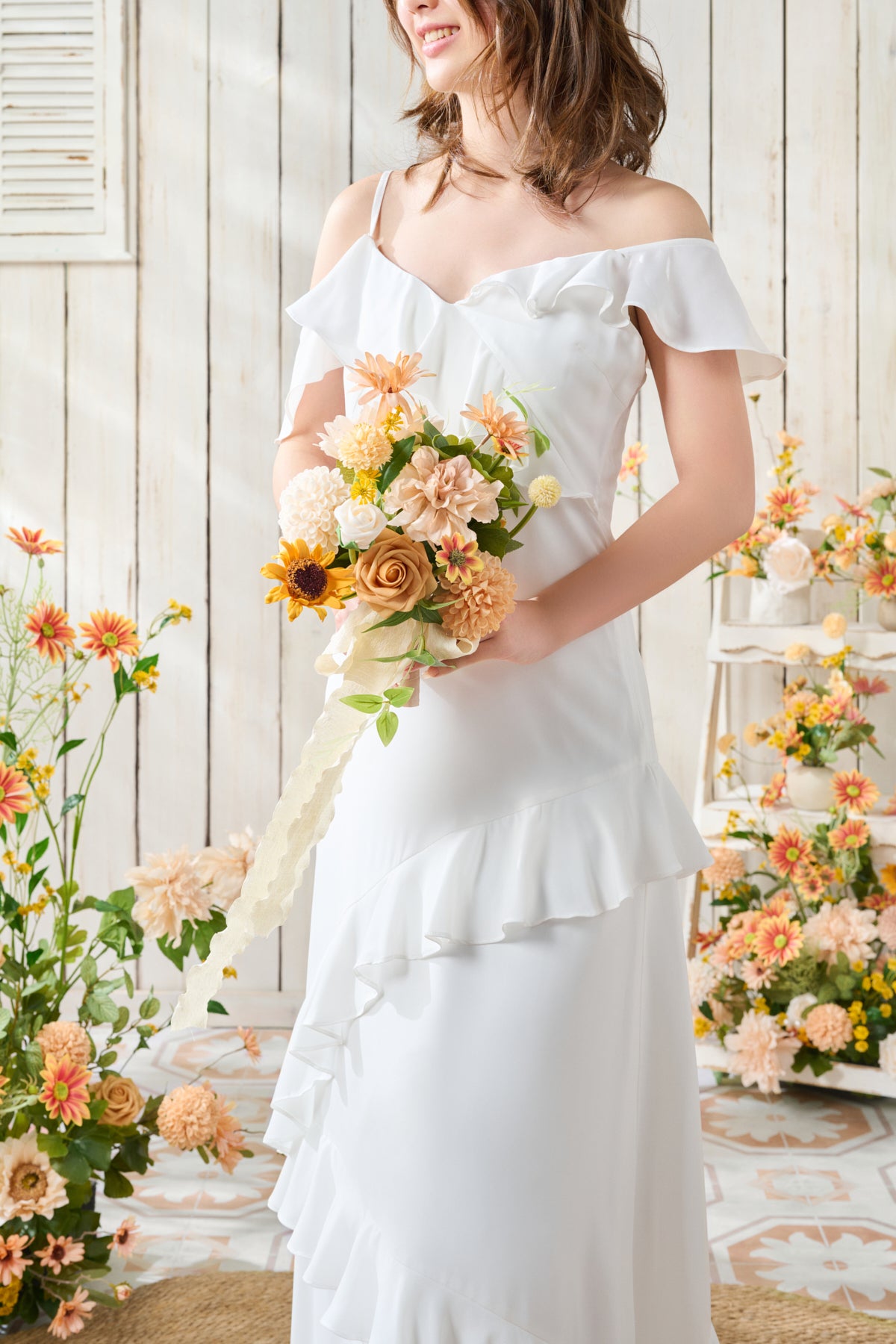 Round Bridesmaid Bouquets in Sunflower & Peach