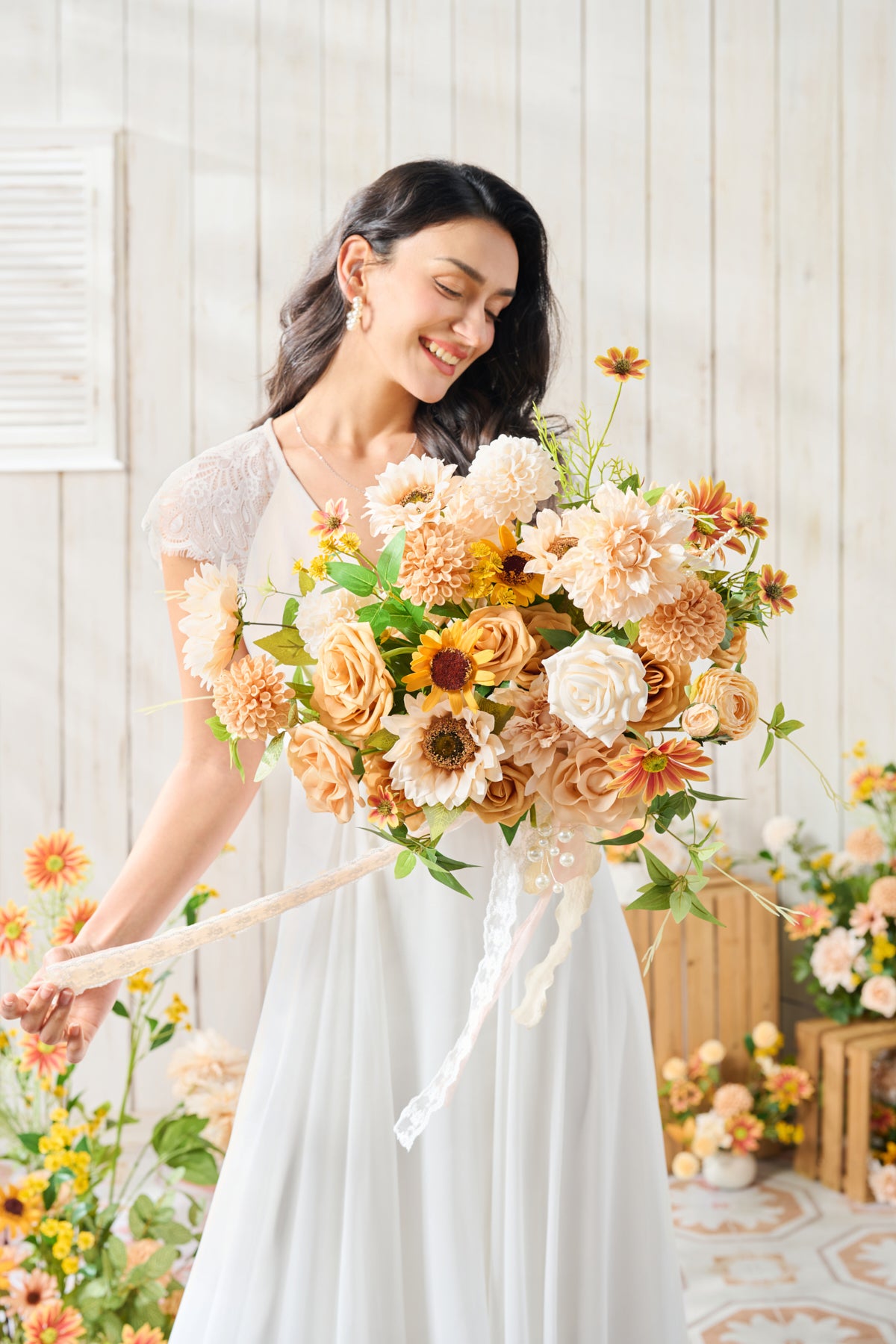 Medium Free-Form Bridal Bouquet in Sunflower & Peach
