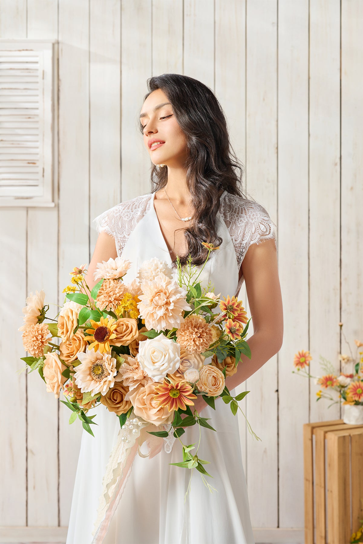 Medium Free-Form Bridal Bouquet in Sunflower & Peach