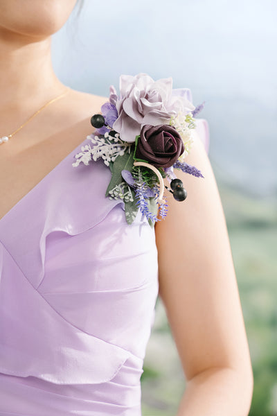 Wrist and Shoulder Corsages in French Lavender & Plum