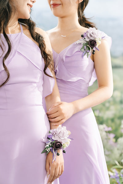 Wrist and Shoulder Corsages in French Lavender & Plum