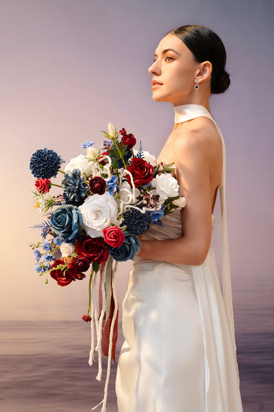 Small Cascade Bridal Bouquet in Nautical Navy & Burgundy | Clearance
