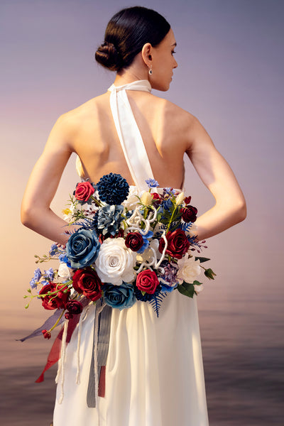 Small Cascade Bridal Bouquet in Nautical Navy & Burgundy | Clearance