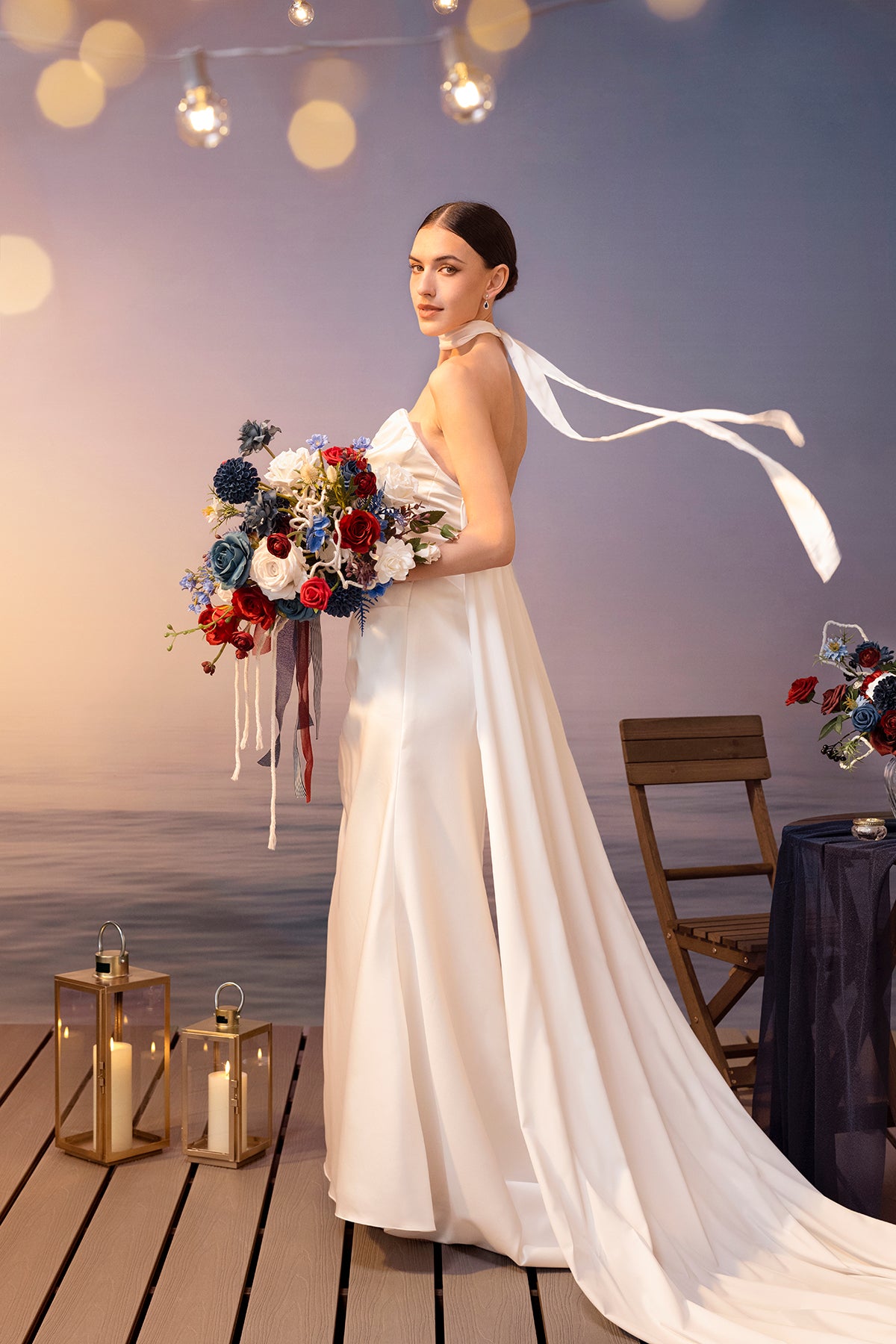 Small Cascade Bridal Bouquet in Nautical Navy & Burgundy | Clearance