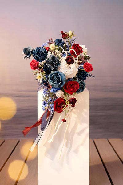 Small Cascade Bridal Bouquet in Nautical Navy & Burgundy | Clearance