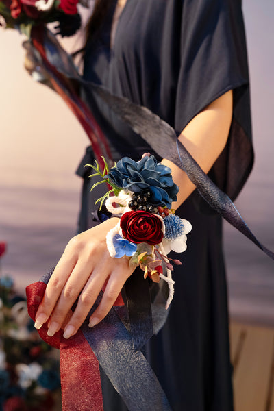 Wrist and Shoulder Corsages in Nautical Navy & Burgundy