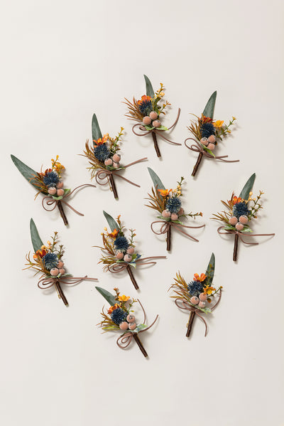 Boutonnieres for Guests in Dark Teal & Burnt Orange
