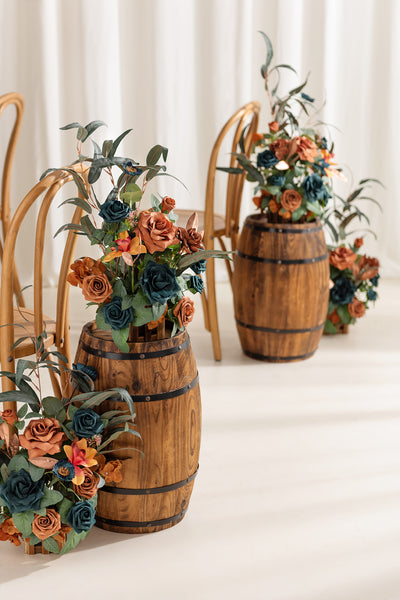Wedding Aisle Runner Flower Arrangements in Dark Teal & Burnt Orange