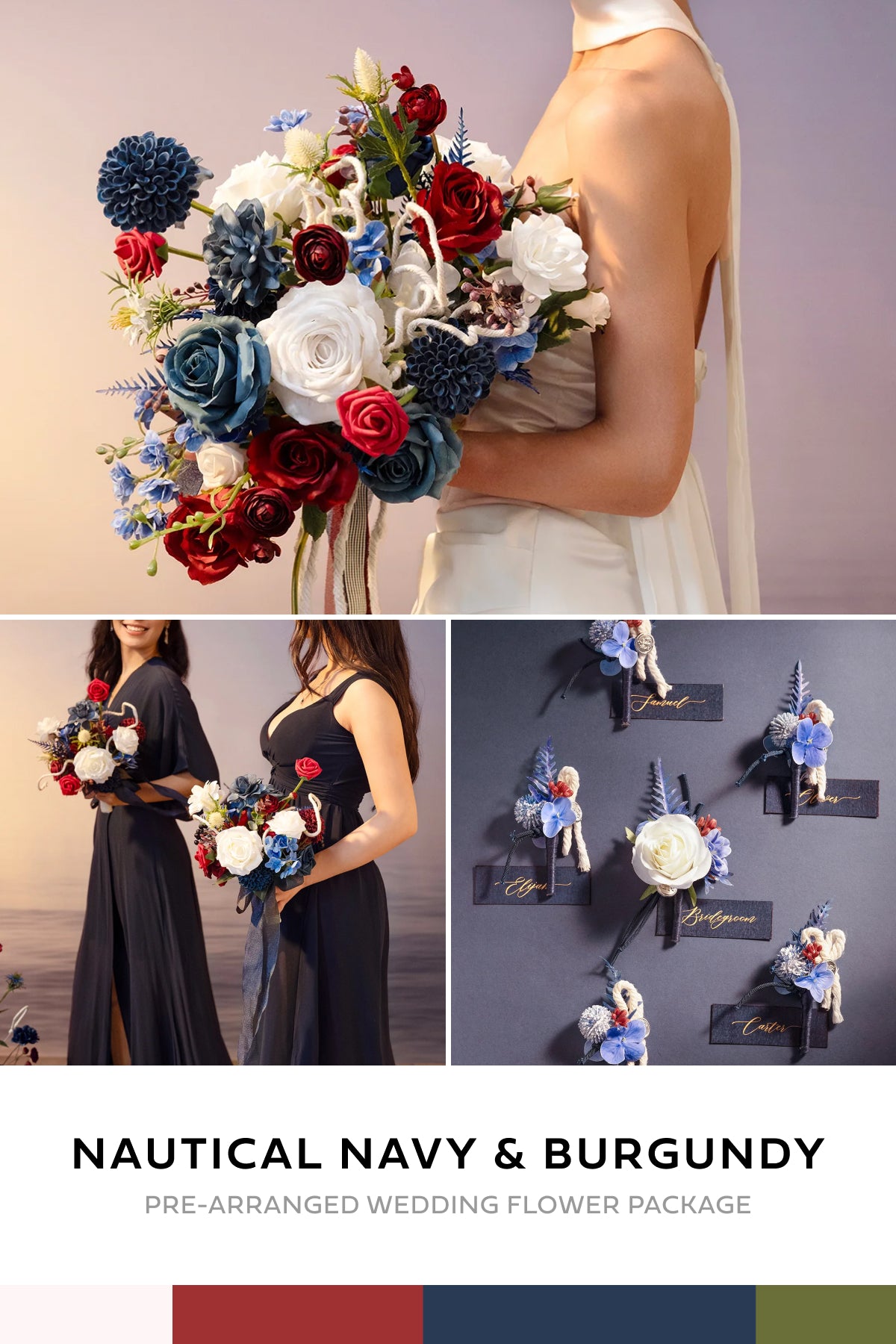 Pre-Arranged Bridal Flower Package in Nautical Navy & Burgundy