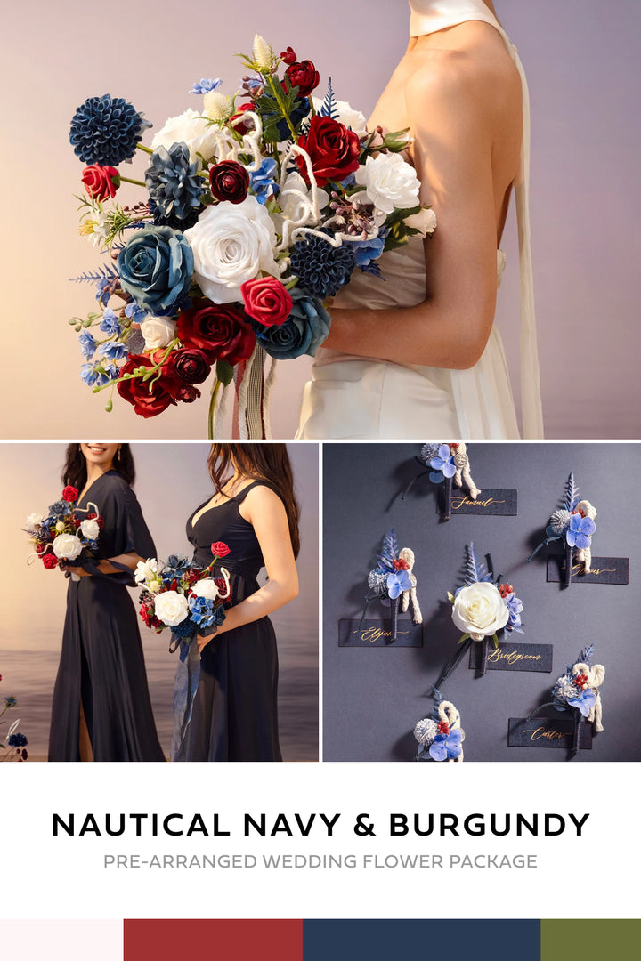 Pre-Arranged Bridal Flower Package in Nautical Navy & Burgundy