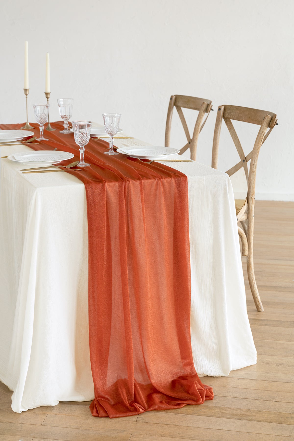 Table linens in Burnt Orange & Scarlet