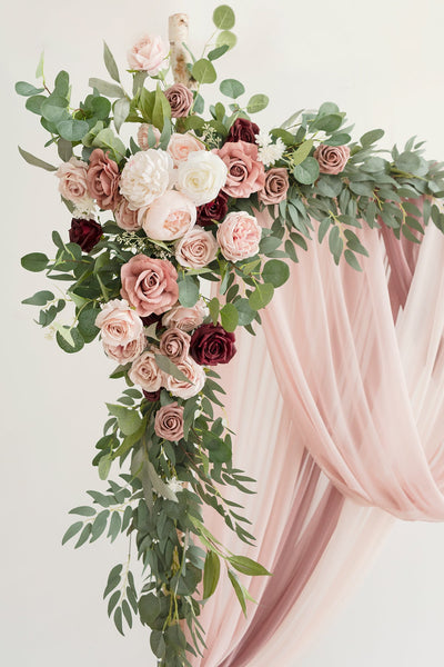 Flash Sale | Flower Arch Decor with Drapes in Dusty Rose & Burgundy