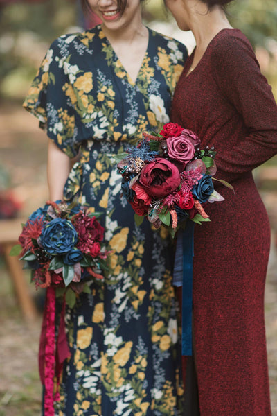 7" Bridesmaid Bouquet - Burgundy & Navy Blue | Clearance