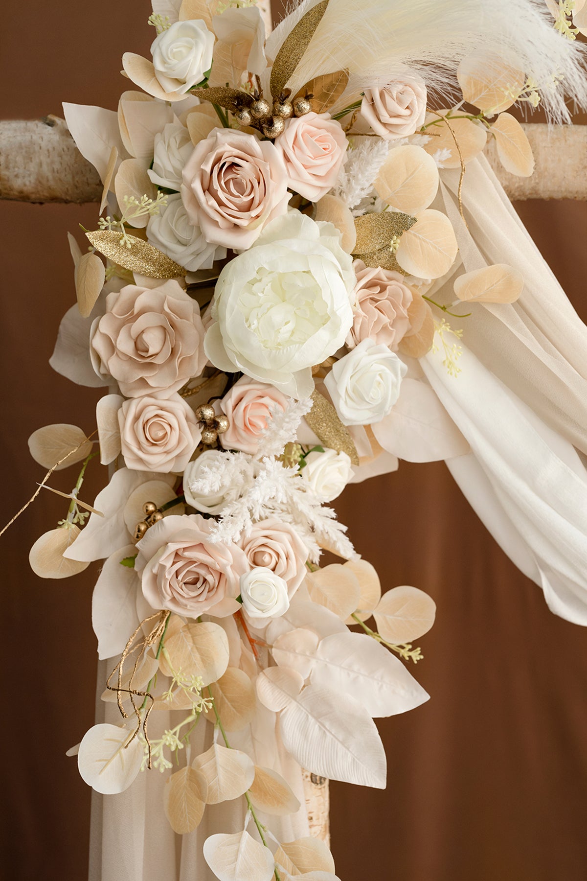 Flower Arch Decor with Drapes in White & Beige | Clearance