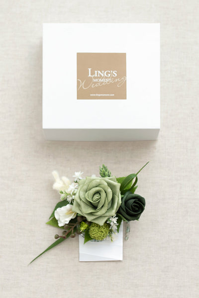 Pocket Square Boutonniere for Groom in Emerald & Tawny Beige