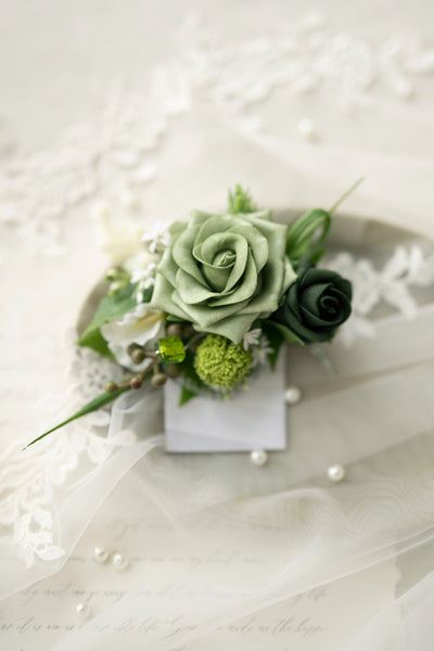Pocket Square Boutonniere for Groom in Emerald & Tawny Beige