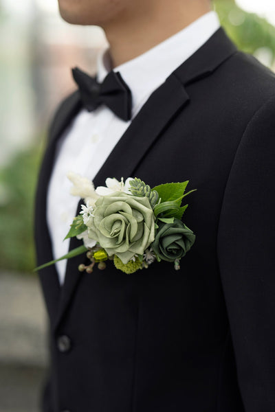 Pocket Square Boutonniere for Groom in Emerald & Tawny Beige