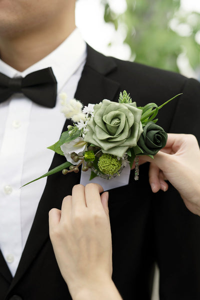 Pocket Square Boutonniere for Groom in Emerald & Tawny Beige
