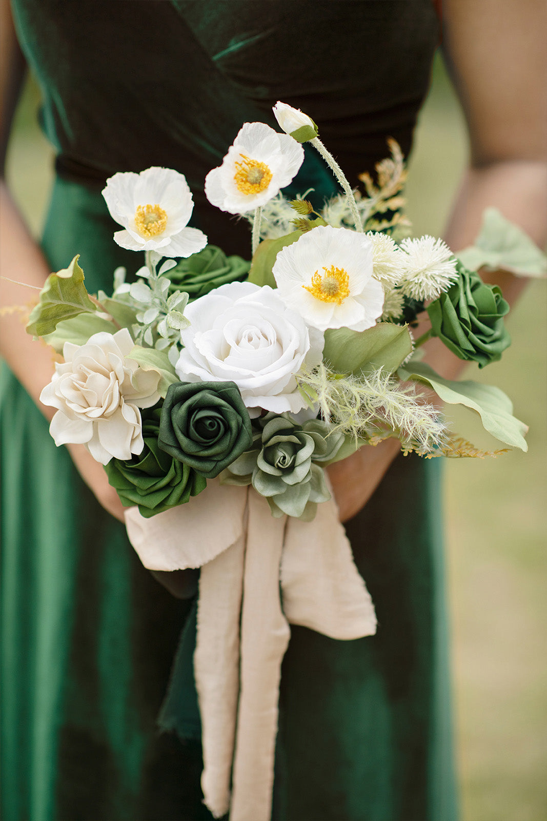 Free-Form Bridesmaid Bouquets in Emerald & Tawny Beige