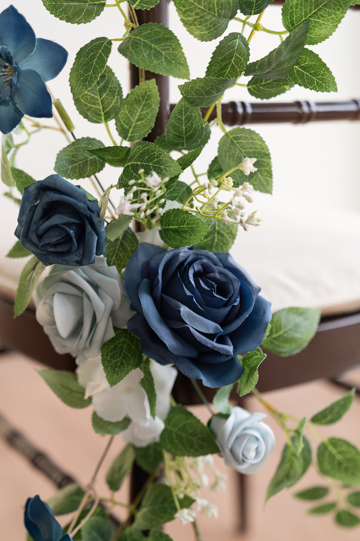 Wedding Aisle Chair Flower Decoration in Dusty Blue & Navy