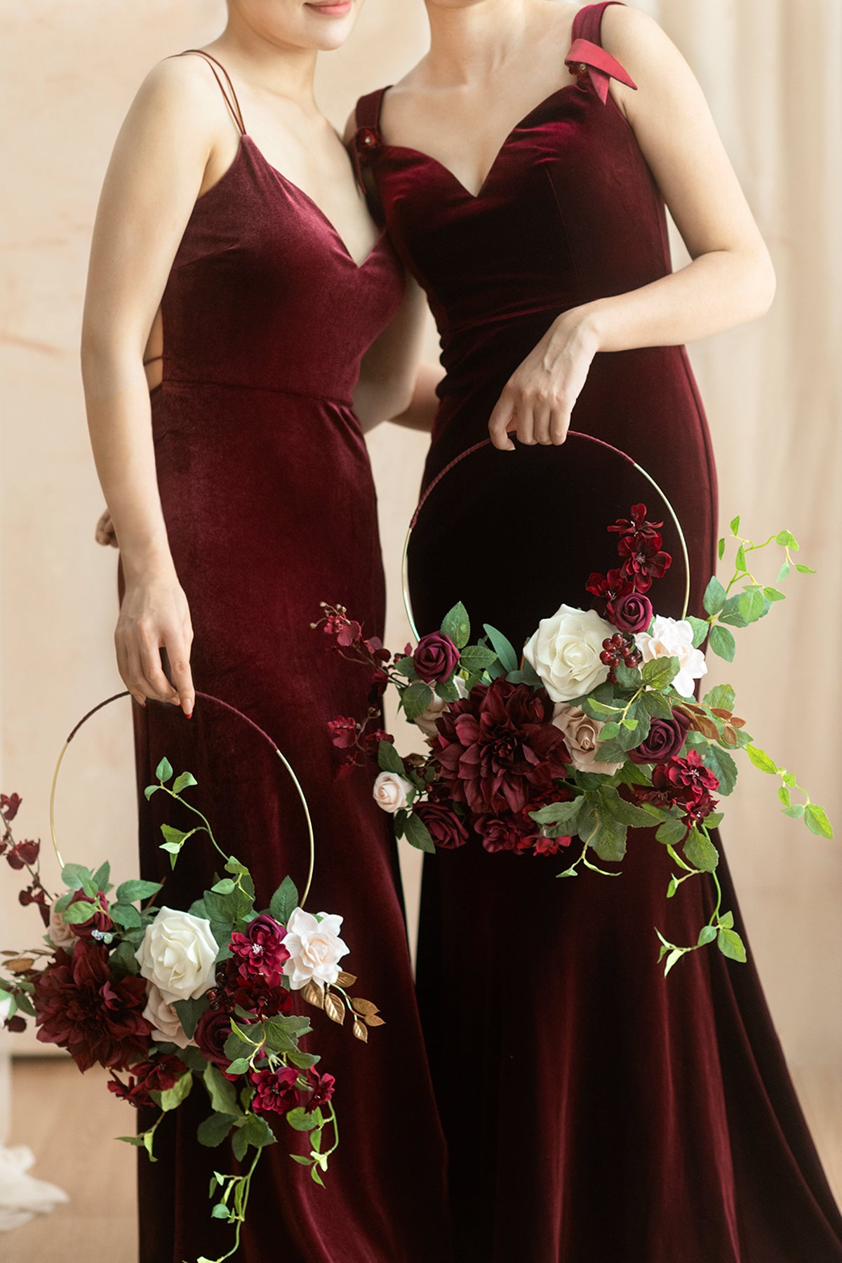 Hoop Bridesmaid Bouquets in Romantic Marsala