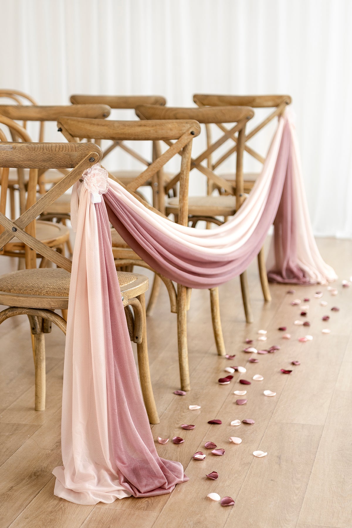 Sheer Aisle Swags for Church Wedding in Dusty Rose & Mauve