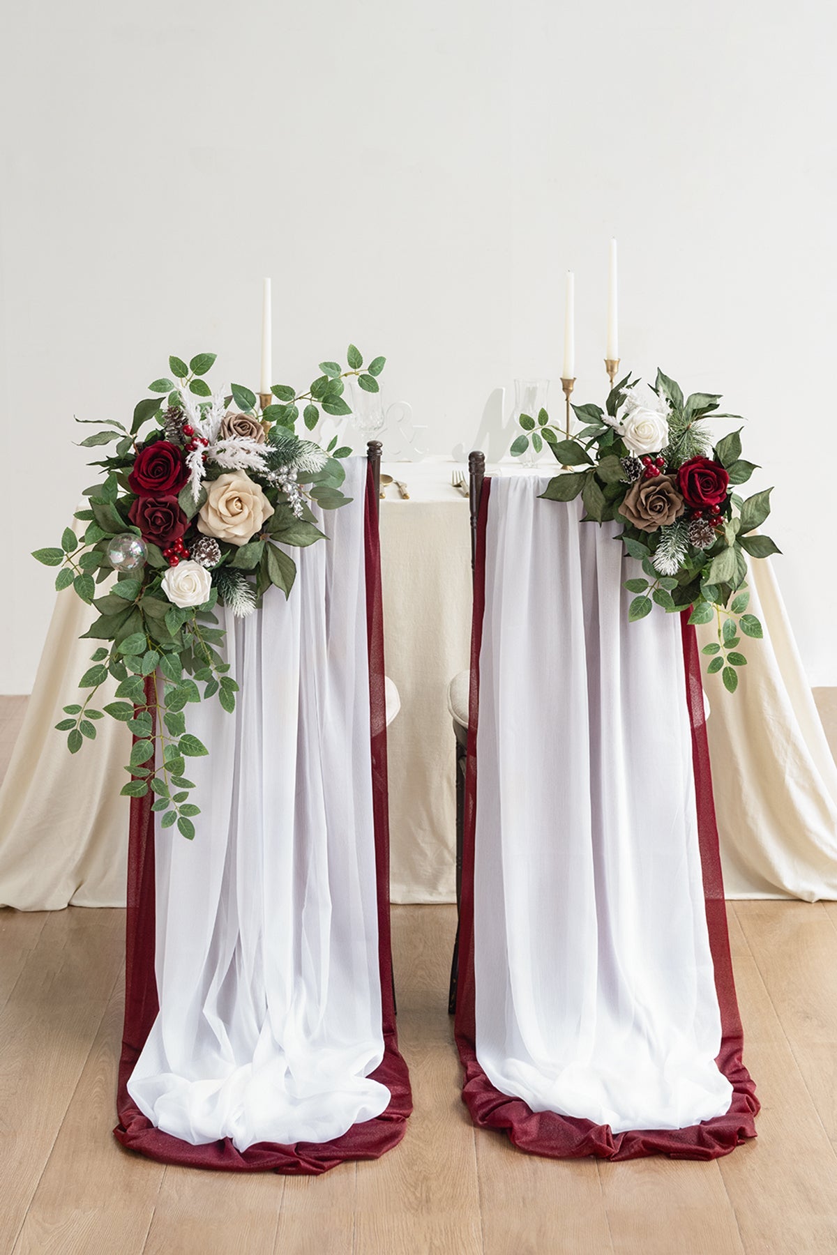 Flash Sale | Couple Chair Floral Decor with Darping in Christmas Red & Sparkle